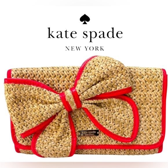 kate spade Belle Place Woven Viv Clutch with Bow Straw, Leather Trim Like New - Picture 1 of 10
